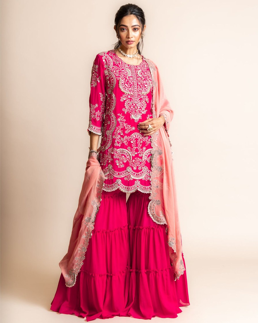 Womens Nupur Kanoi | Fuchsia Crepe Tiered Sharara Set