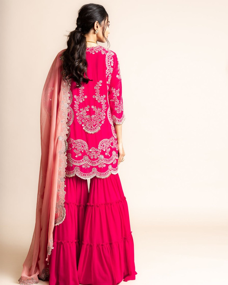 Womens Nupur Kanoi | Fuchsia Crepe Tiered Sharara Set