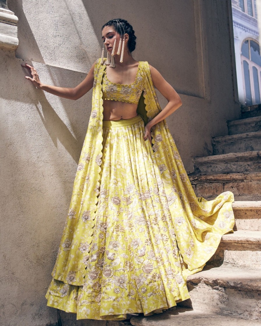 Womens Paulmi u0026 Harsh | Lime Yellow Vintage Floral Printed And Hand Embroidered Lehenga Set