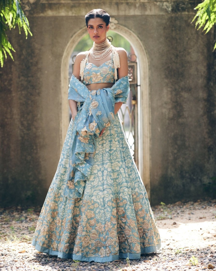 Womens Paulmi u0026 Harsh | Ice Blue Vintage Floral Printed Lehenga Set