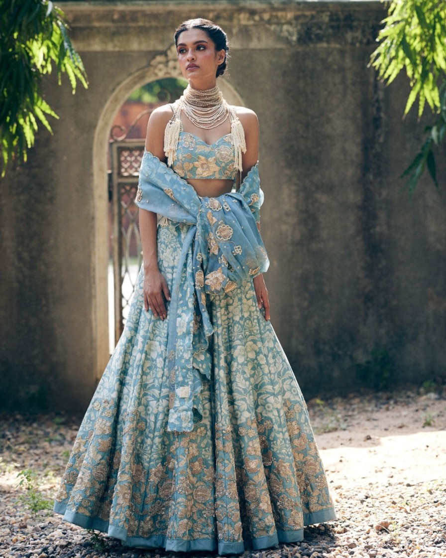 Womens Paulmi u0026 Harsh | Ice Blue Vintage Floral Printed Lehenga Set