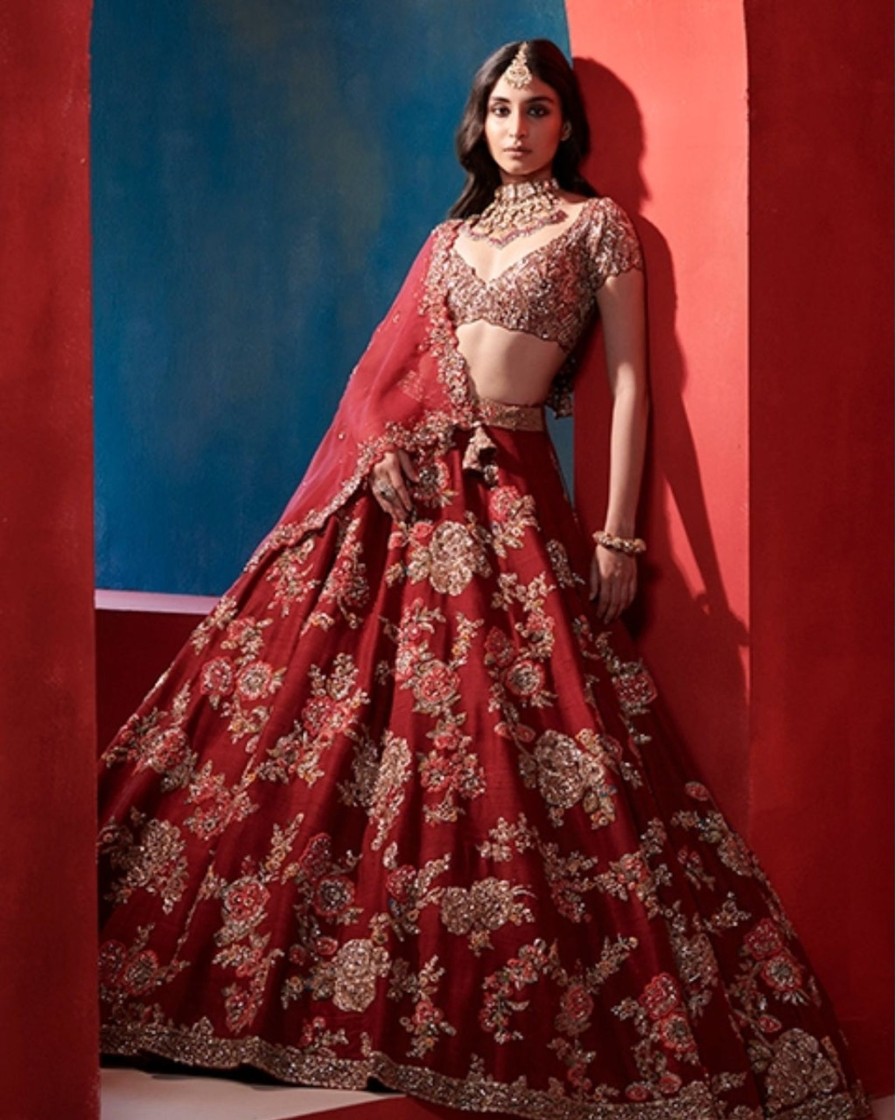 Bridal Dolly J | Leia Burgundy Big Floral Jaal Bridal Lehenga Set