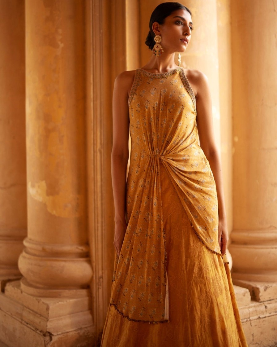 Womens Label Anushree | Mustard Embroidered Drape Top Set