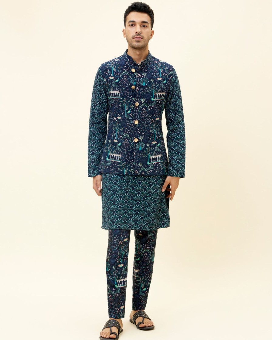 Mens SVA Menswear | Feather Printed Kurta Set With Bandi