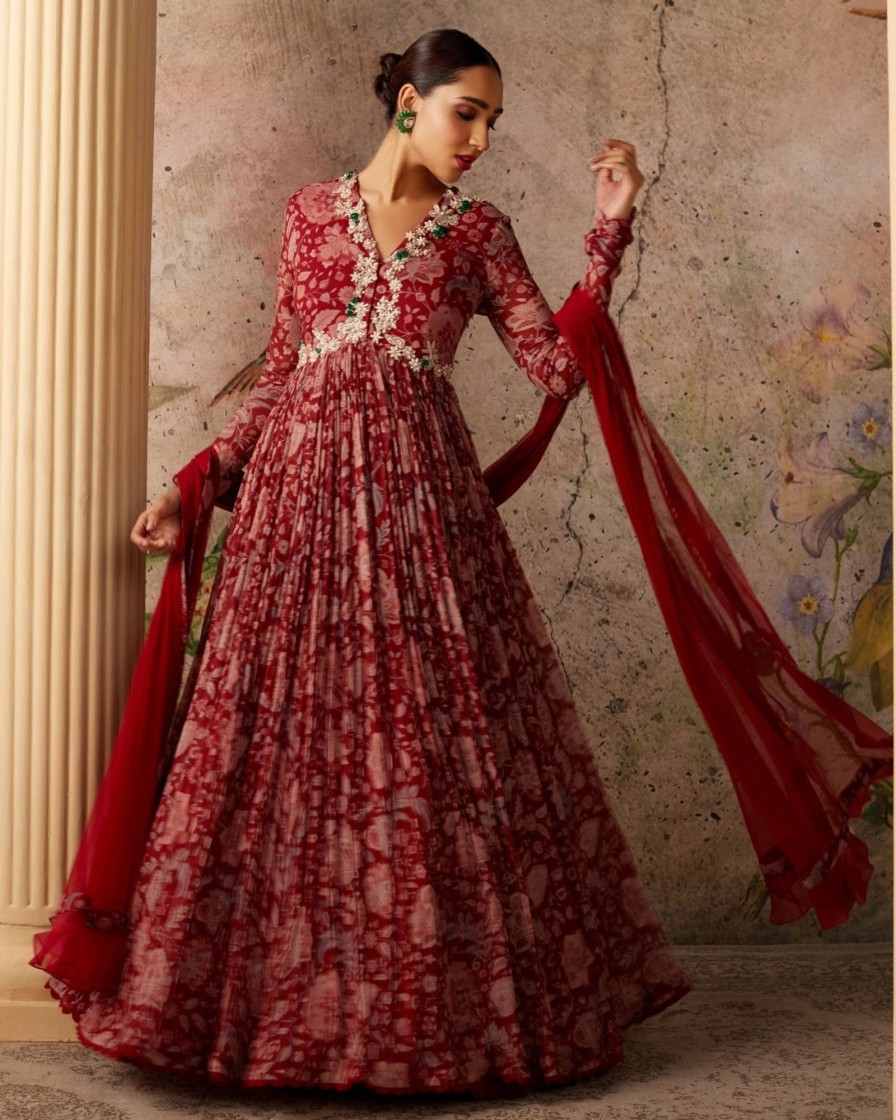 Womens Ridhi Mehra | Red Ochre Print Flair Anarkali Set