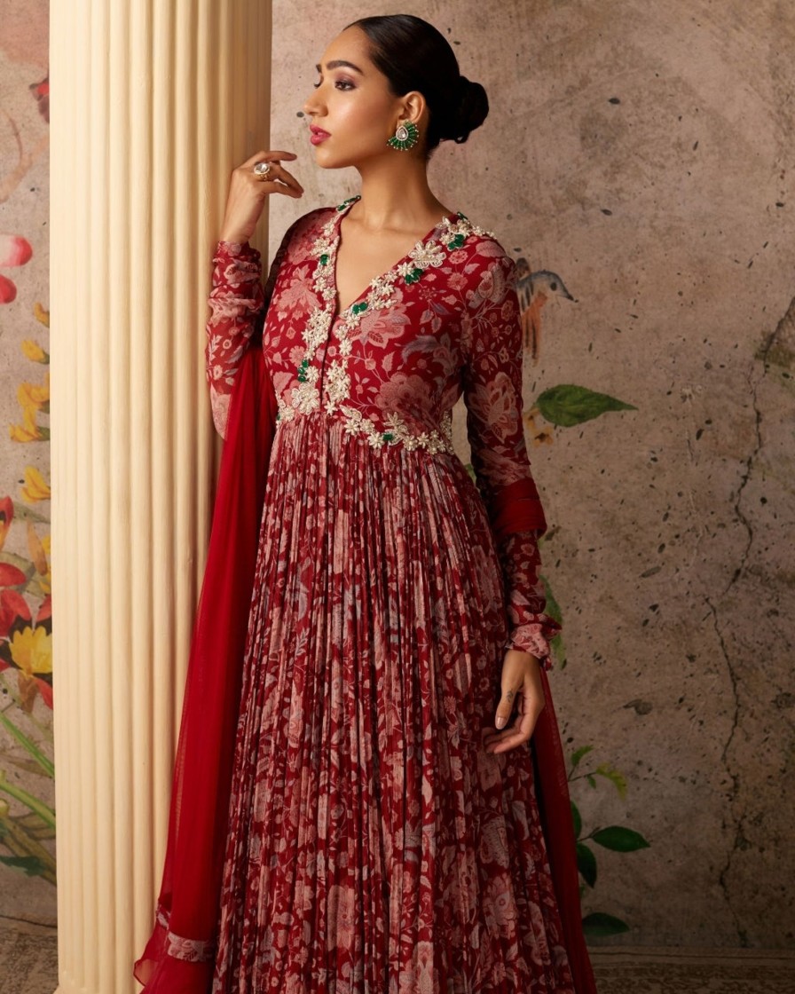 Womens Ridhi Mehra | Red Ochre Print Flair Anarkali Set