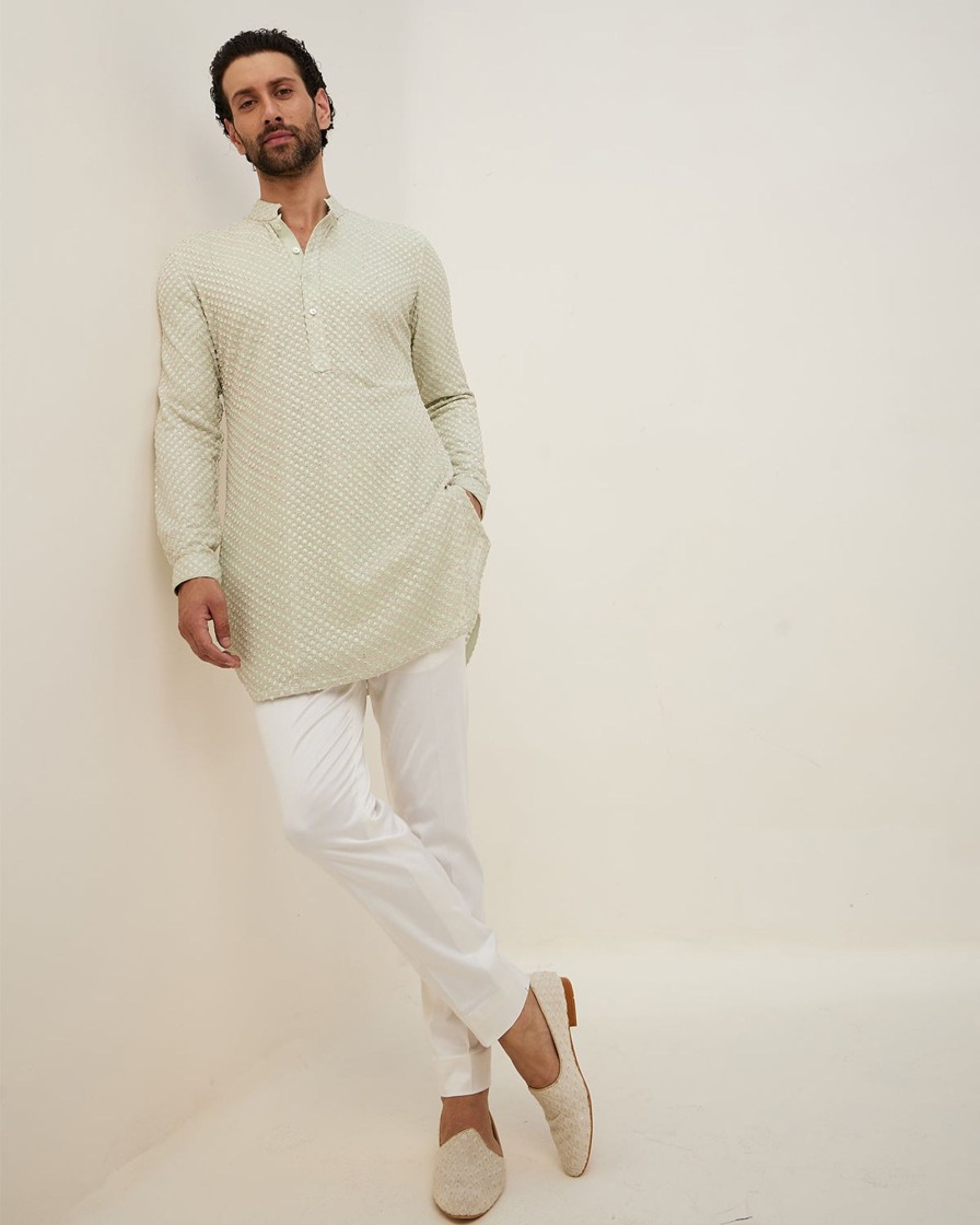 Mens Arjan Dugal | Sea Green French Nerds Kurta Set