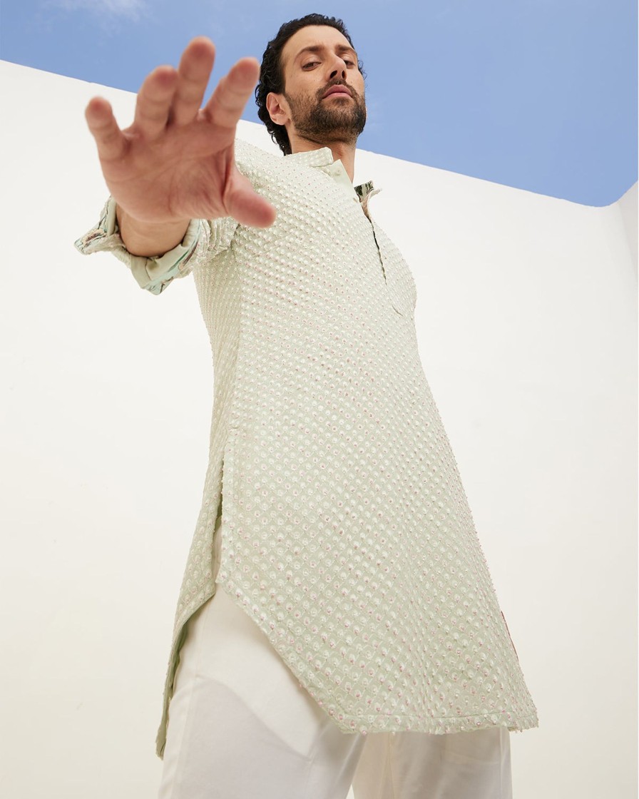 Mens Arjan Dugal | Sea Green French Nerds Kurta Set