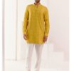 Mens Devnaagri Mens | Mustard Cotton Silk Blend Fully Embroidered Kurta Set