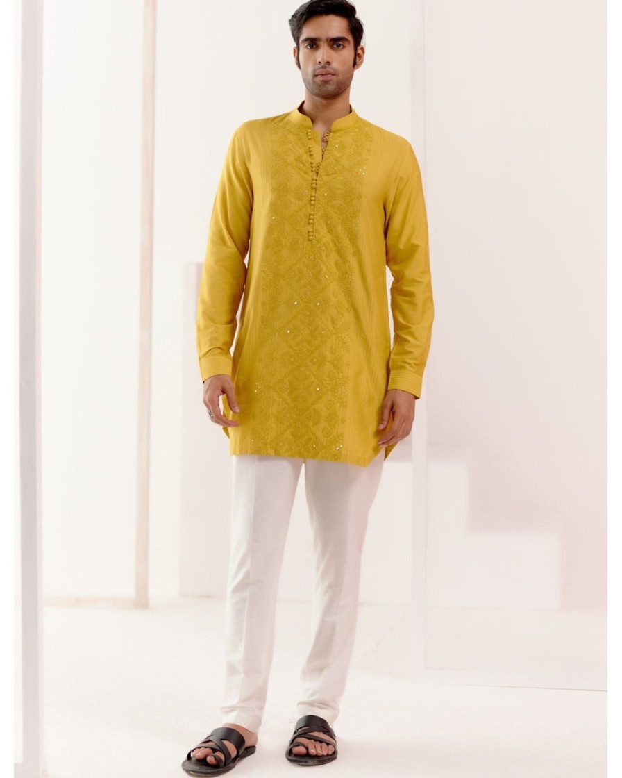 Mens Devnaagri Mens | Mustard Cotton Silk Blend Fully Embroidered Kurta Set