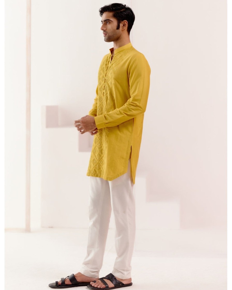 Mens Devnaagri Mens | Mustard Cotton Silk Blend Fully Embroidered Kurta Set