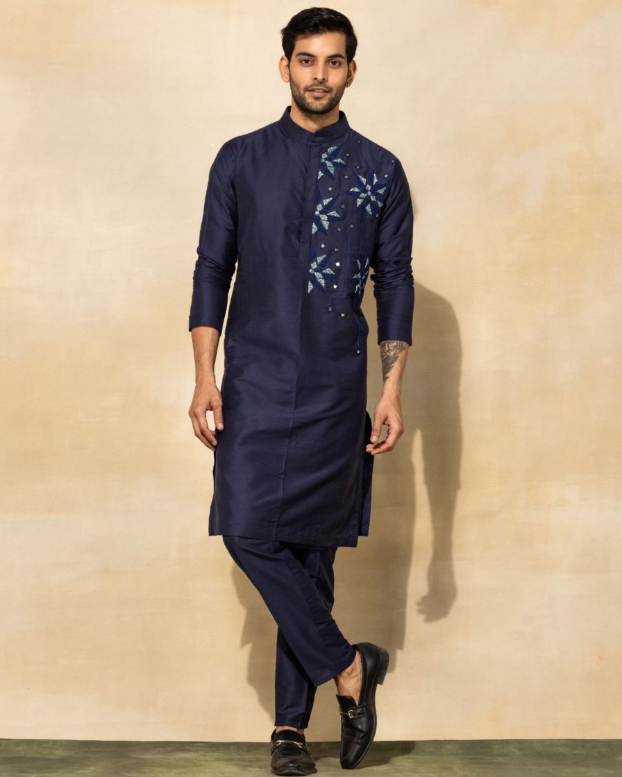 Mens Diya Rajvvir Mens | Dark Blue Floral Embroidered Kurta Set