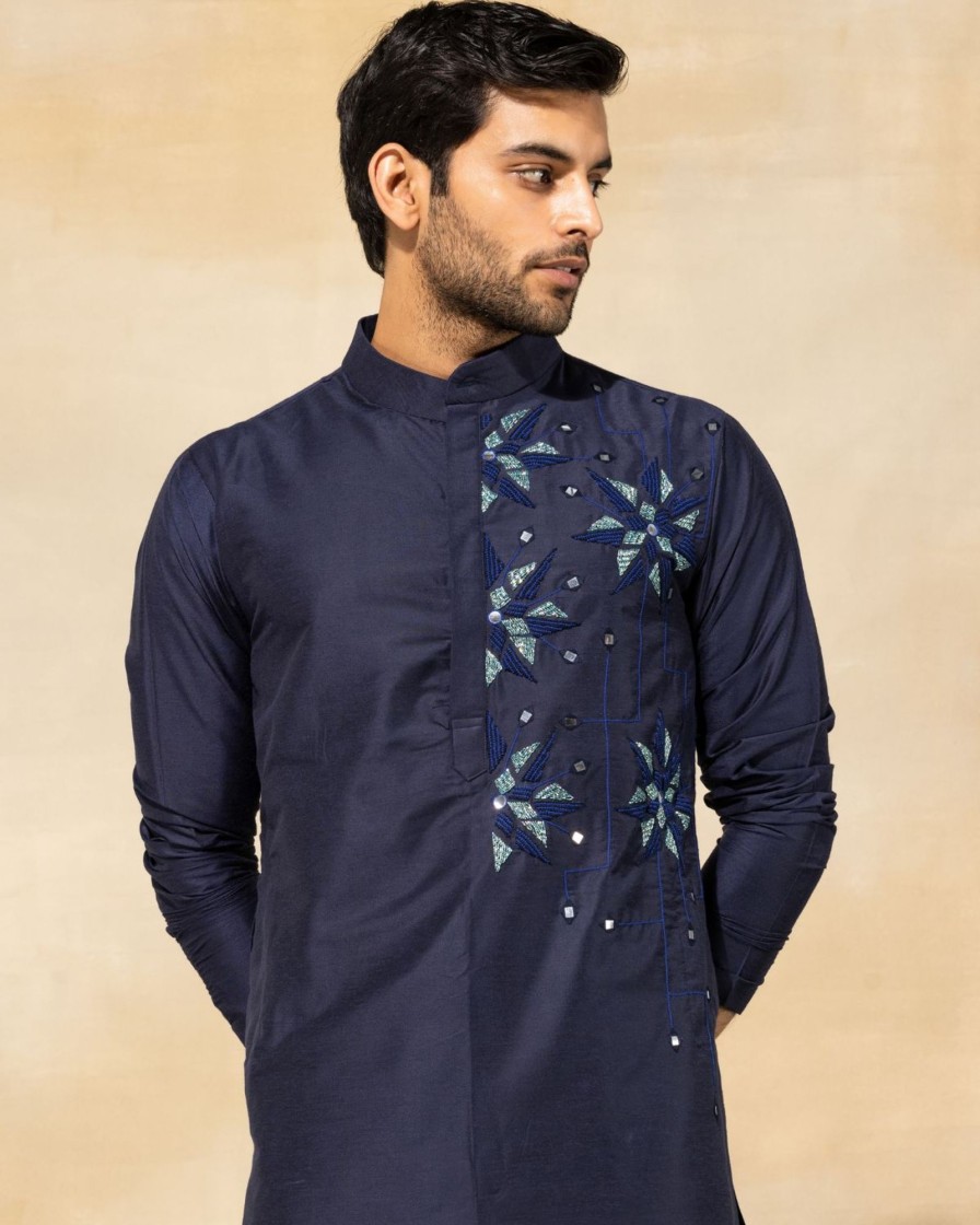 Mens Diya Rajvvir Mens | Dark Blue Floral Embroidered Kurta Set