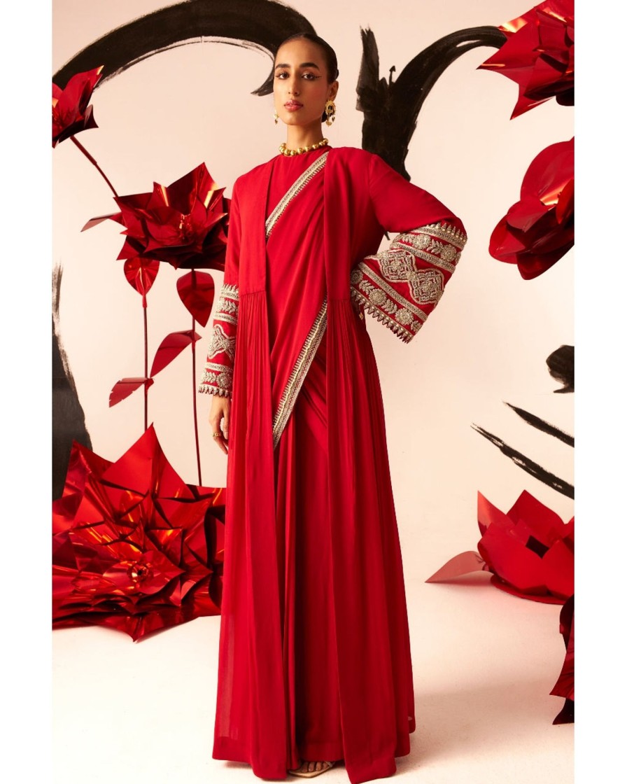 Womens Bhumika Sharma | Retro Red Jacket Sari Set