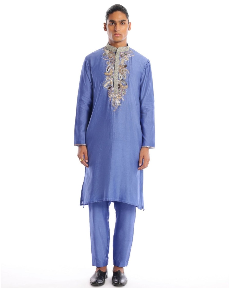 Mens Aisha Rao Menswear | Blue Flame Kurta Set