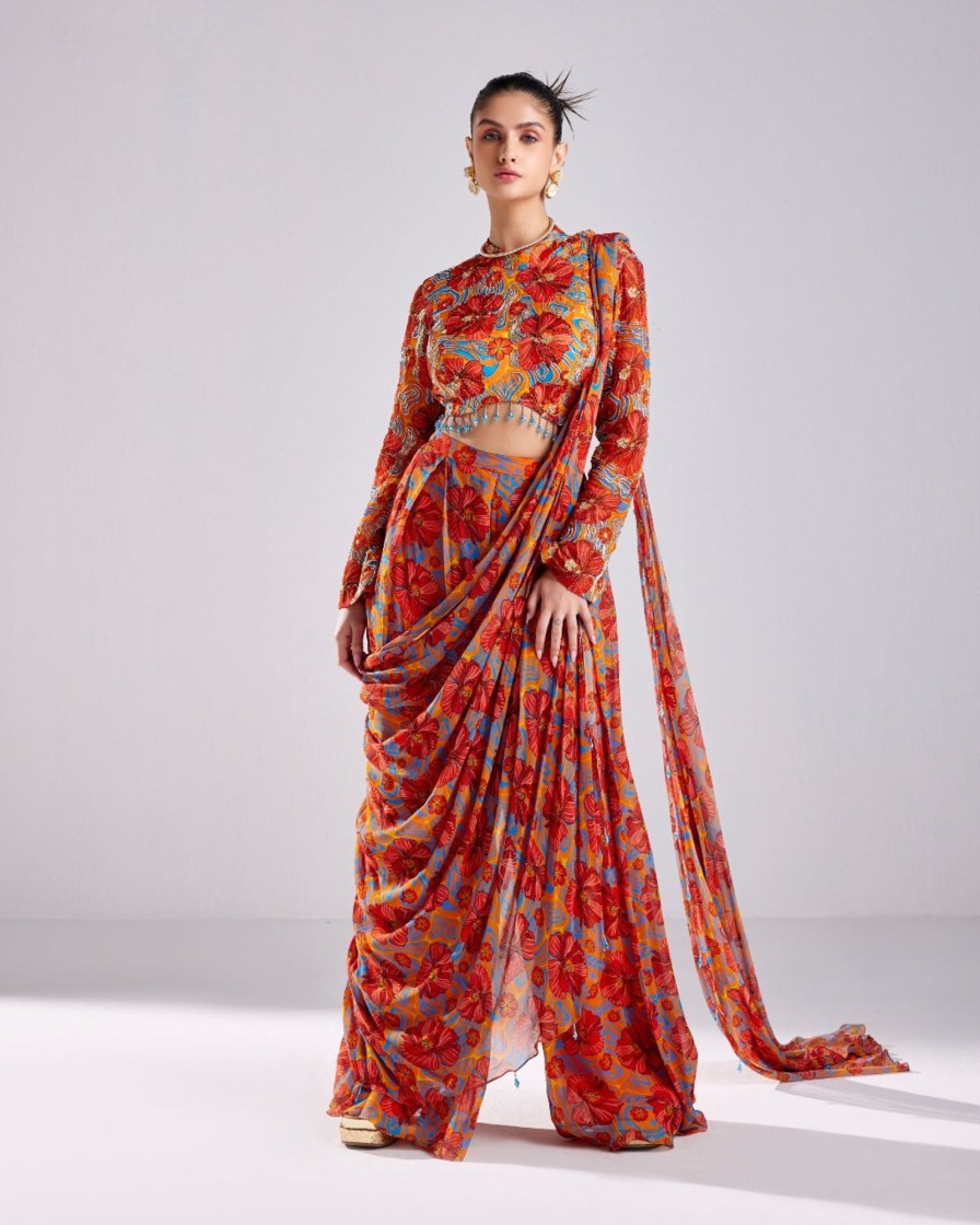 Womens Diya Rajvvir | Rust Floral Wave Printed U0026 Embroidered Sari Set