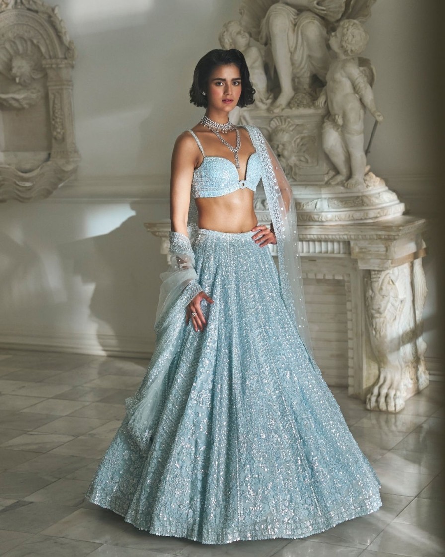 Bridal Seema Gujral | Powder Blue Sequin Lehenga Set