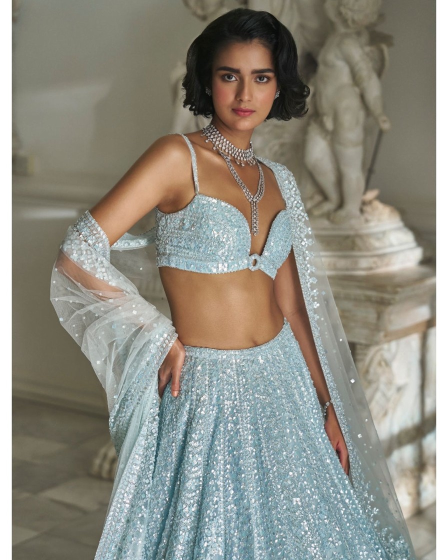 Bridal Seema Gujral | Powder Blue Sequin Lehenga Set