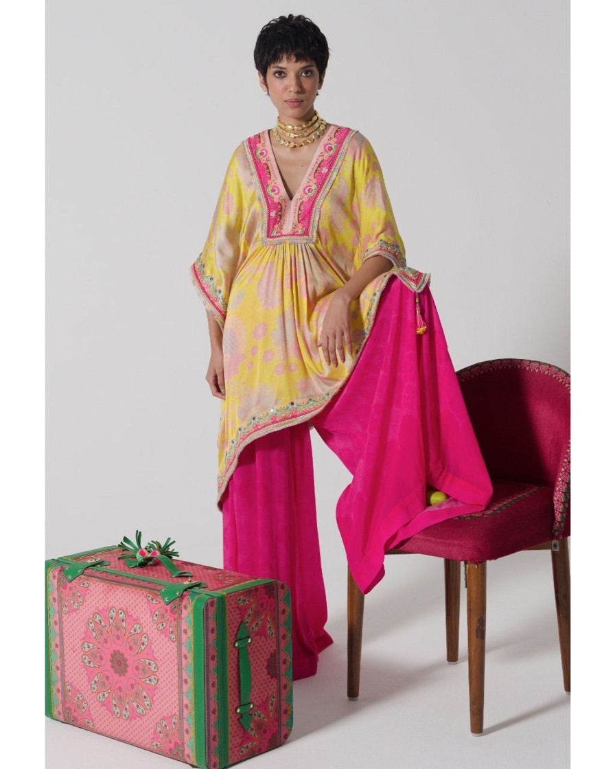 Womens Siddhartha Bansal | Bright Yellow Kaftan Top Set