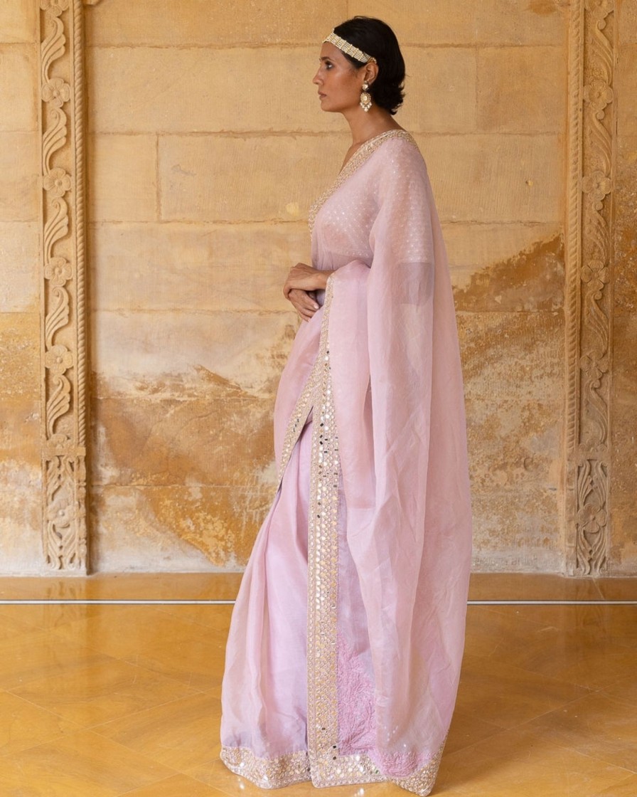 Womens Arpita Mehta | Baby Orchid Mirror And Sequins Embroidered Organza Sari Set