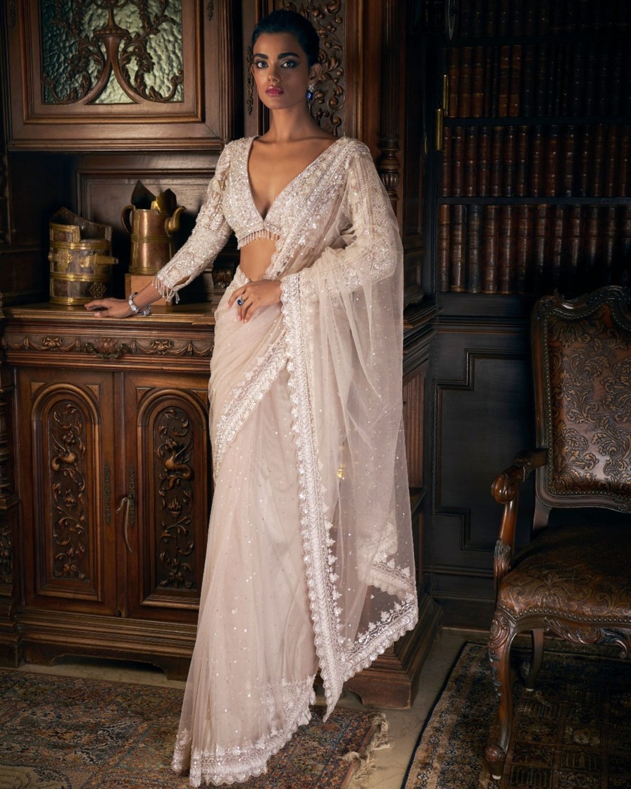 Womens Seema Gujral | Nude Sequin Sari Set