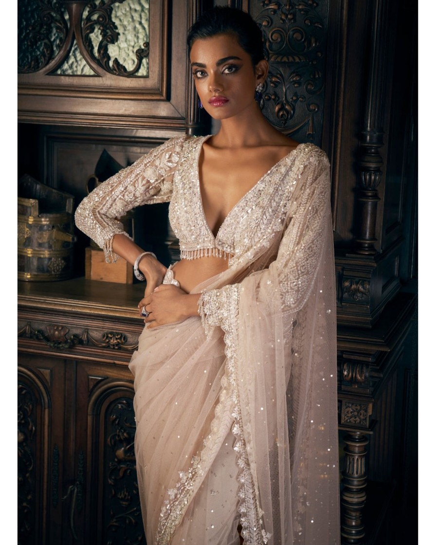 Womens Seema Gujral | Nude Sequin Sari Set