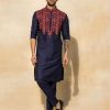 Mens Diya Rajvvir Mens | Dark Blue Tribal Embroidered Kurta Set