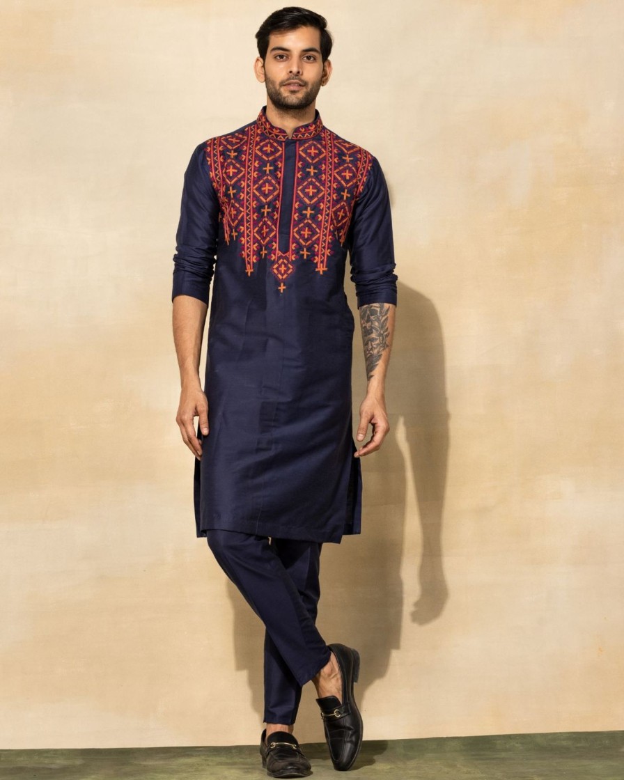 Mens Diya Rajvvir Mens | Dark Blue Tribal Embroidered Kurta Set