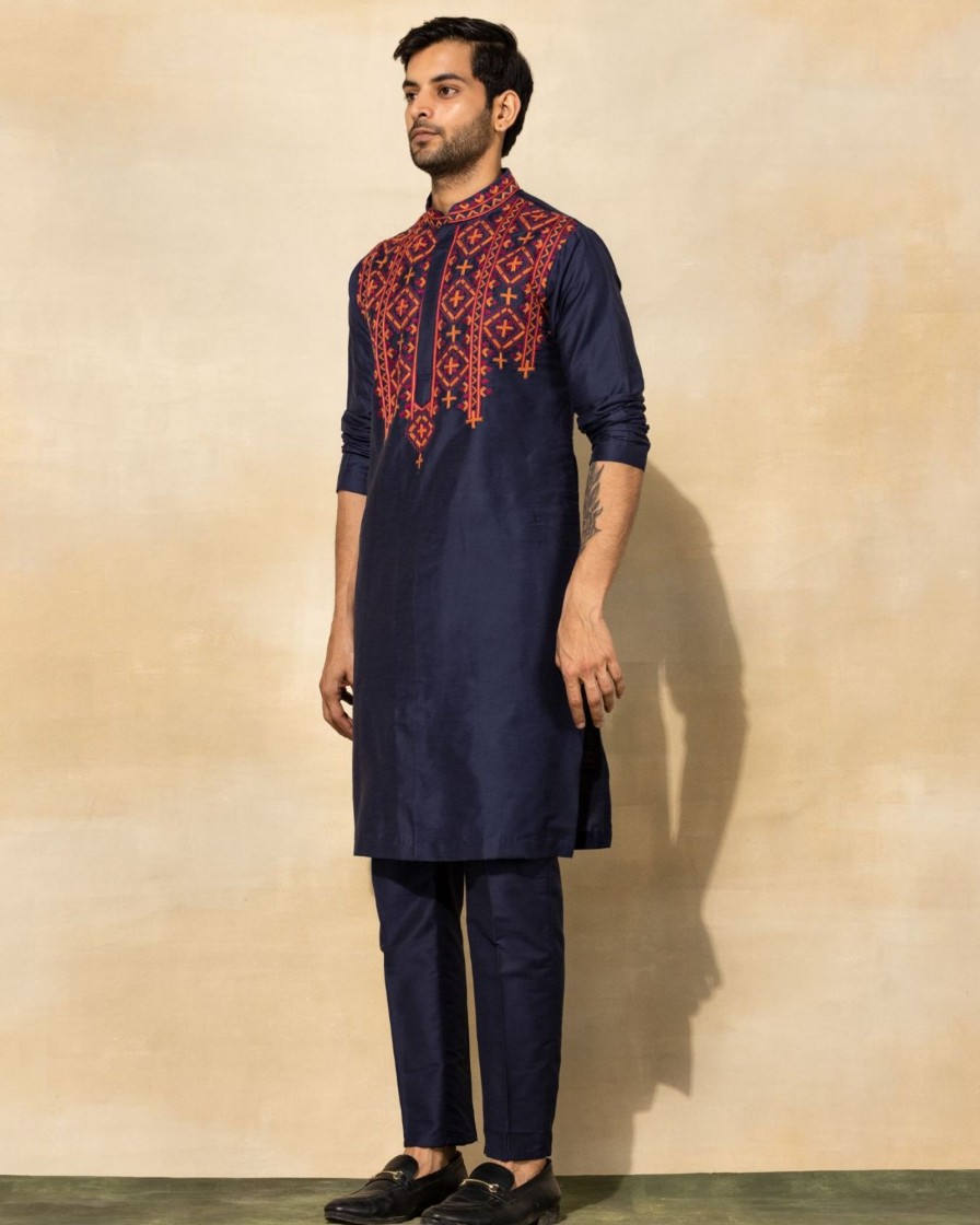 Mens Diya Rajvvir Mens | Dark Blue Tribal Embroidered Kurta Set