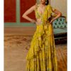 Womens Paulmi u0026 Harsh | Lime Yellow Floral Printed Chiffon Sari Set