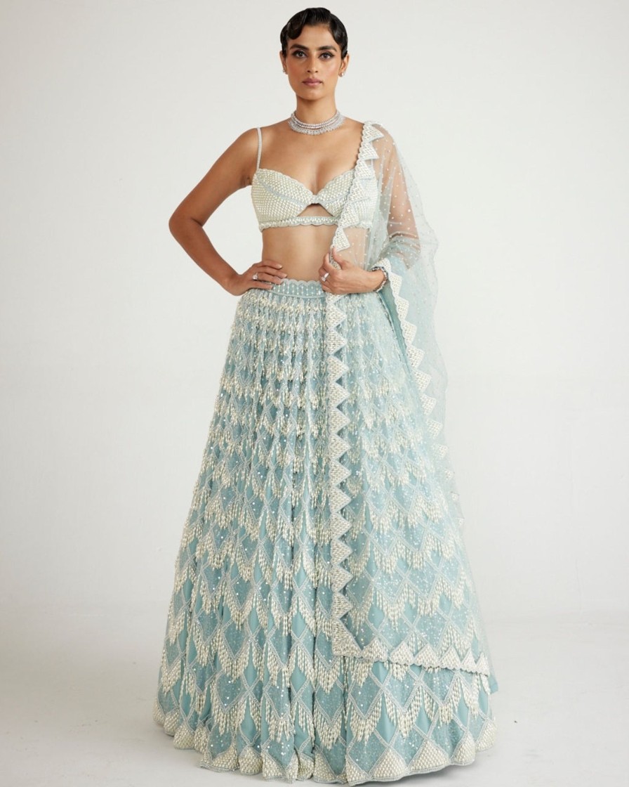 Bridal Vvani by Vani Vats | Powder Blue Chandelier Pearl Drop Lehenga Set