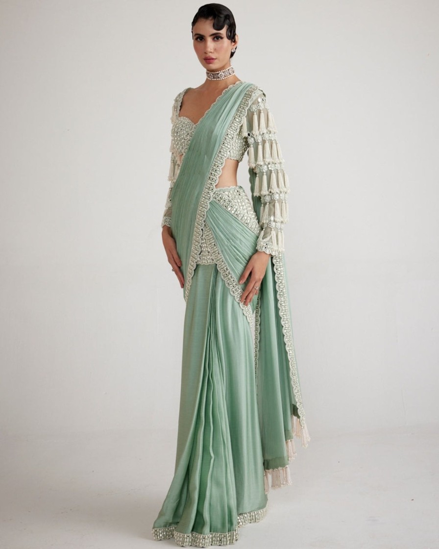 Womens Vvani by Vani Vats | Powder Mint Chandelier Drop Sari Set