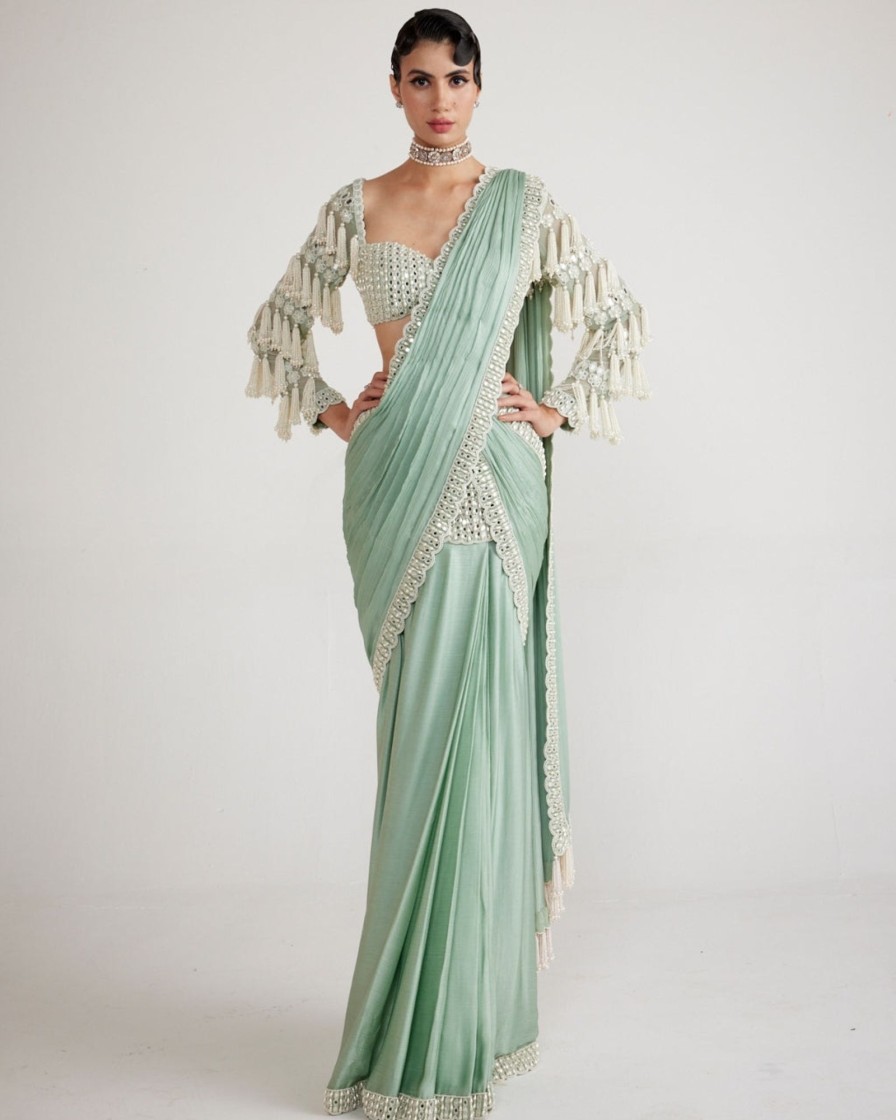 Womens Vvani by Vani Vats | Powder Mint Chandelier Drop Sari Set