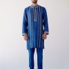 Mens Devnaagri Mens | Blue Embroidered Chanderi Kurta Set