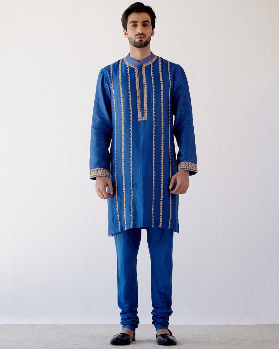 Mens Devnaagri Mens | Blue Embroidered Chanderi Kurta Set