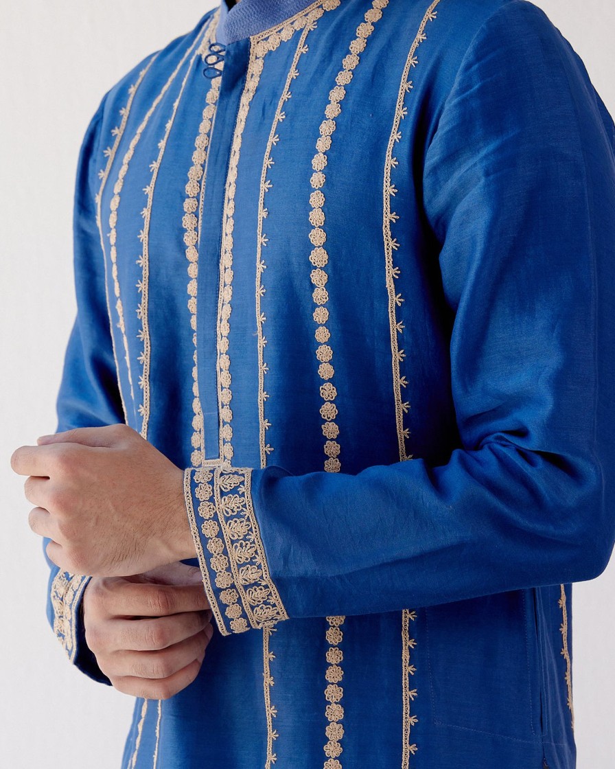 Mens Devnaagri Mens | Blue Embroidered Chanderi Kurta Set