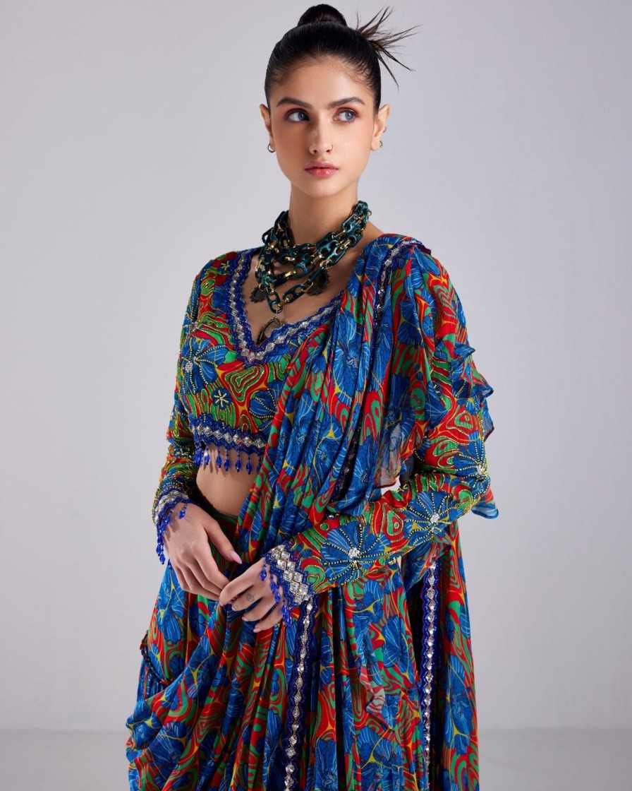 Womens Diya Rajvvir | Blue Floral Printed U0026 Embroidered Sari Set