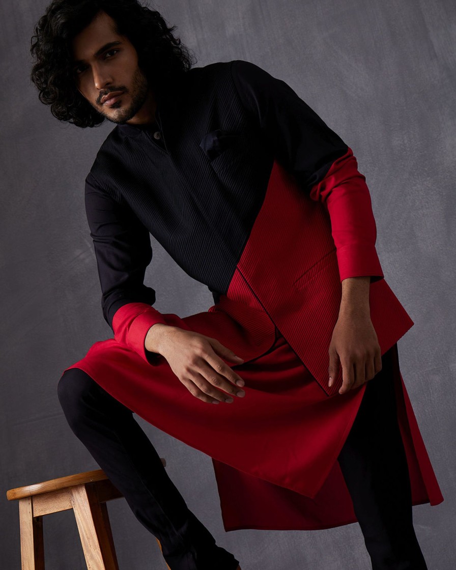 Mens Arjan Dugal | Black And Red Colorblock Kurta Set