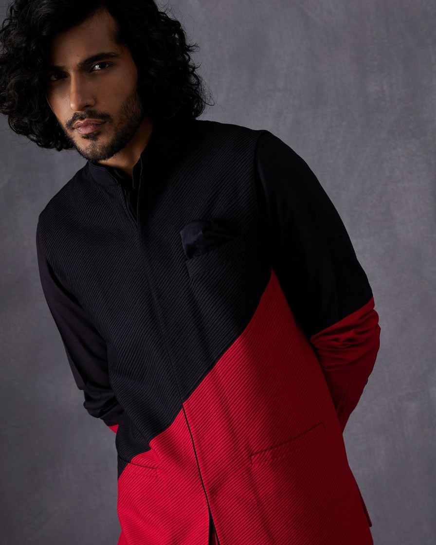 Mens Arjan Dugal | Black And Red Colorblock Kurta Set