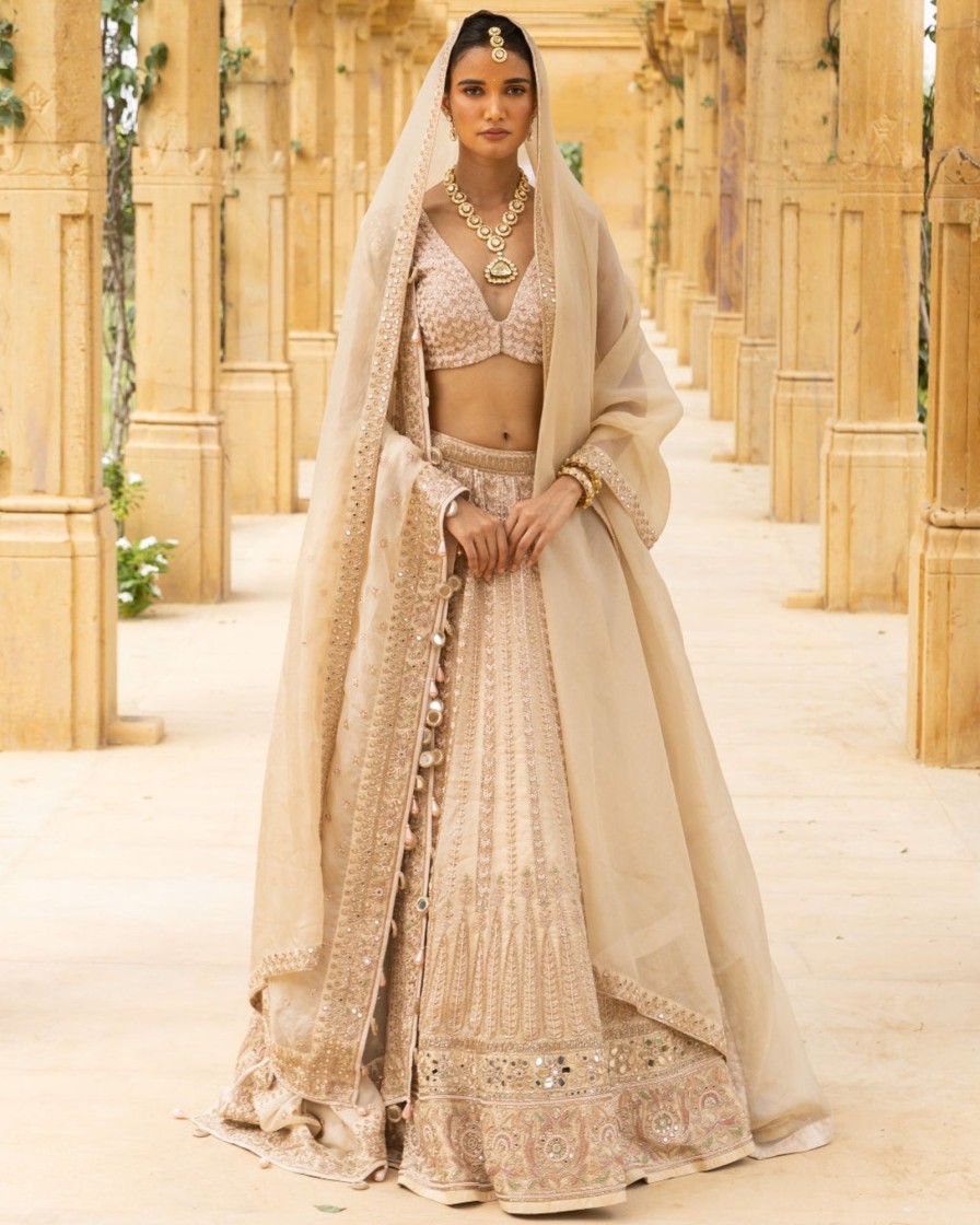 Womens Arpita Mehta | Coconut U0026 Gold Bridal Embroidered Lehenga Set