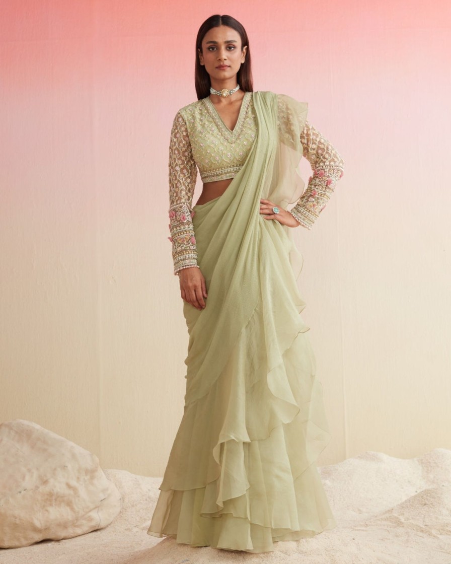 Womens Ridhi Mehra | Mint Green Layla Sari Set