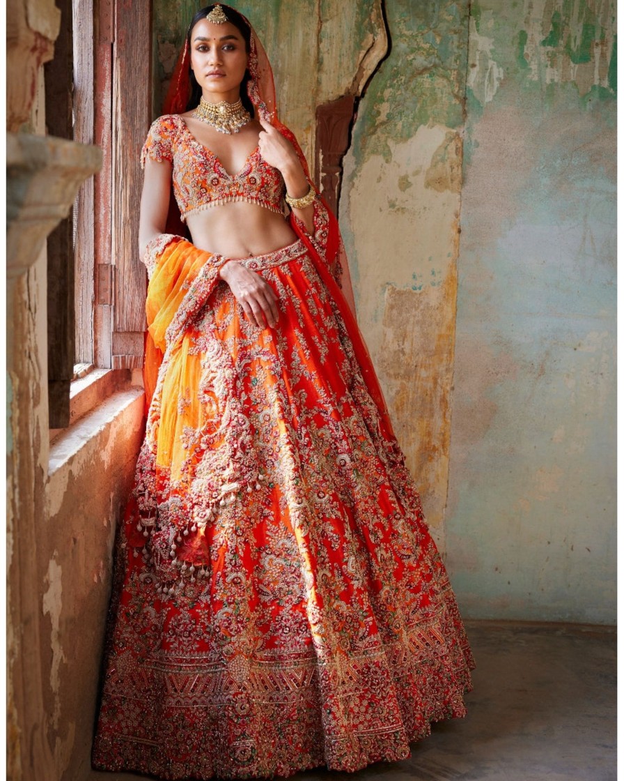 Bridal Dolly J | Juno Sunset Orange Raw Silk Bridal Lehenga Set