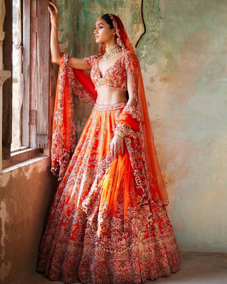 Bridal Dolly J | Juno Sunset Orange Raw Silk Bridal Lehenga Set