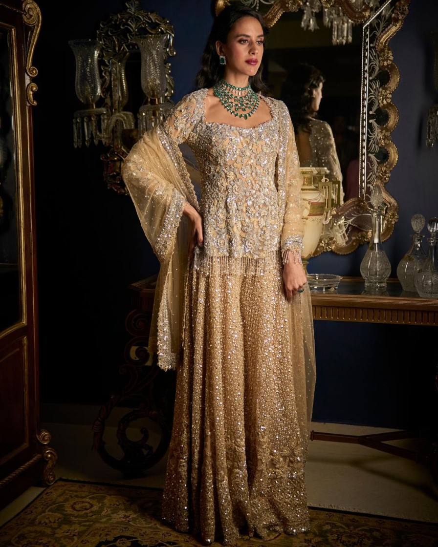 Bridal Seema Gujral | Nude Silver Sharara Set