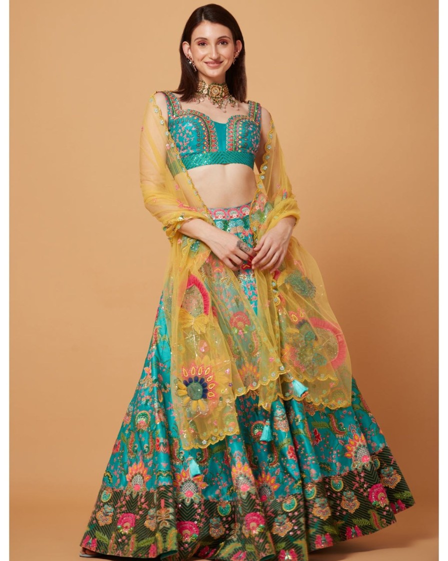 Womens Siddhartha Bansal | Sea Green Embroidered Lehenga Set