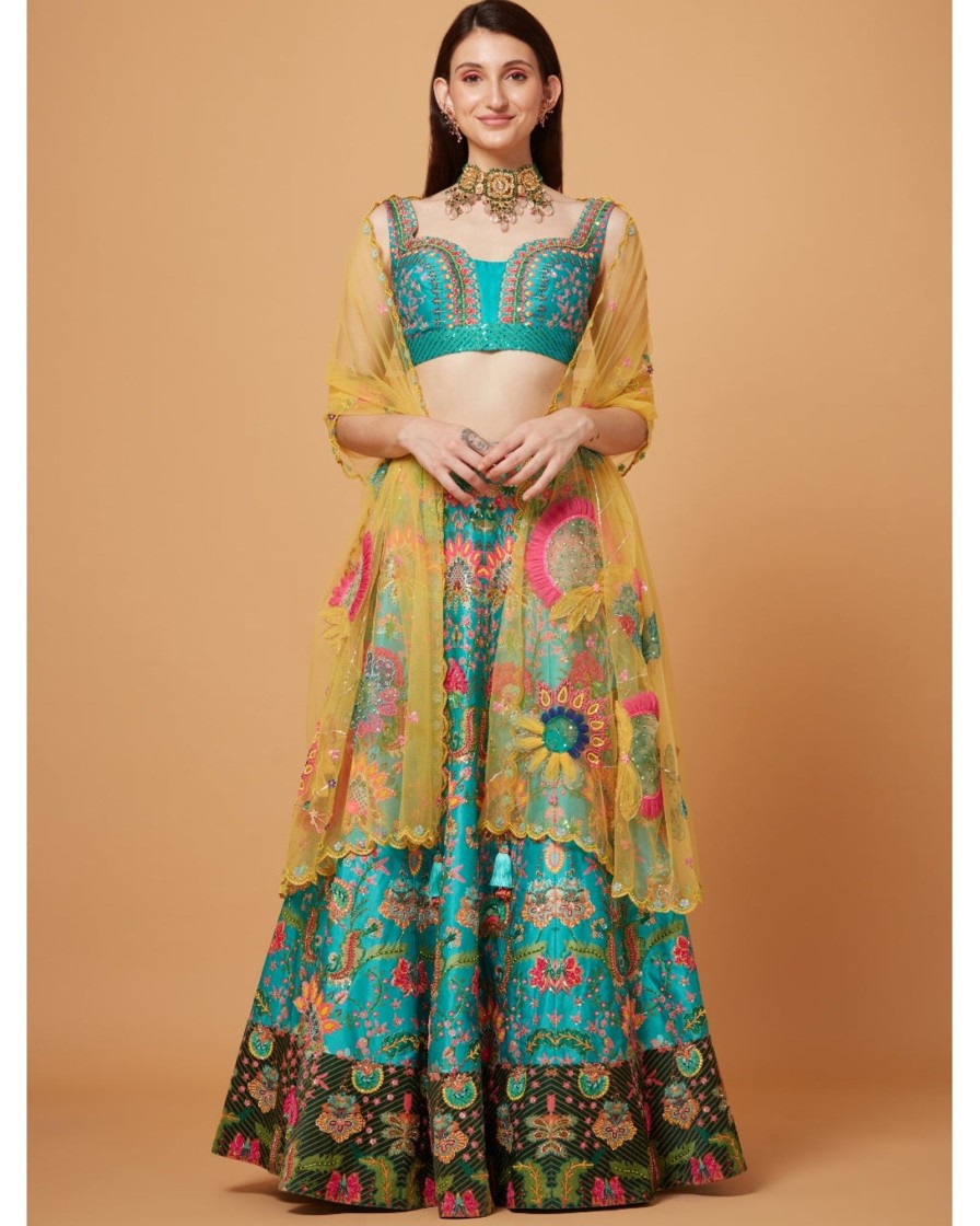 Womens Siddhartha Bansal | Sea Green Embroidered Lehenga Set