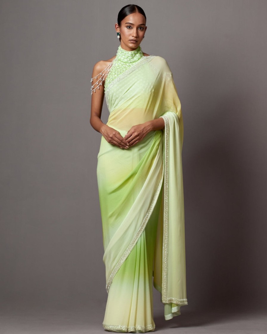 Womens Mala u0026 Kinnary | Lime Yellow Ombre Green Sari Set