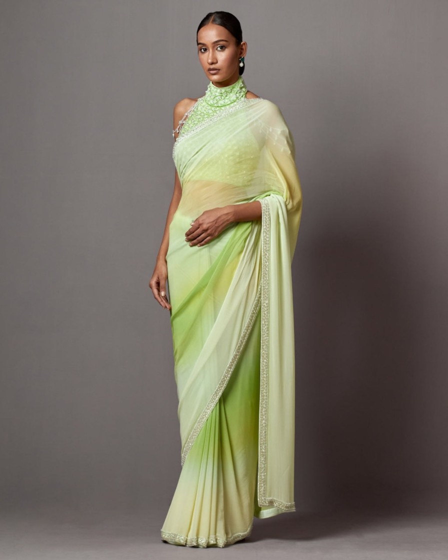 Womens Mala u0026 Kinnary | Lime Yellow Ombre Green Sari Set