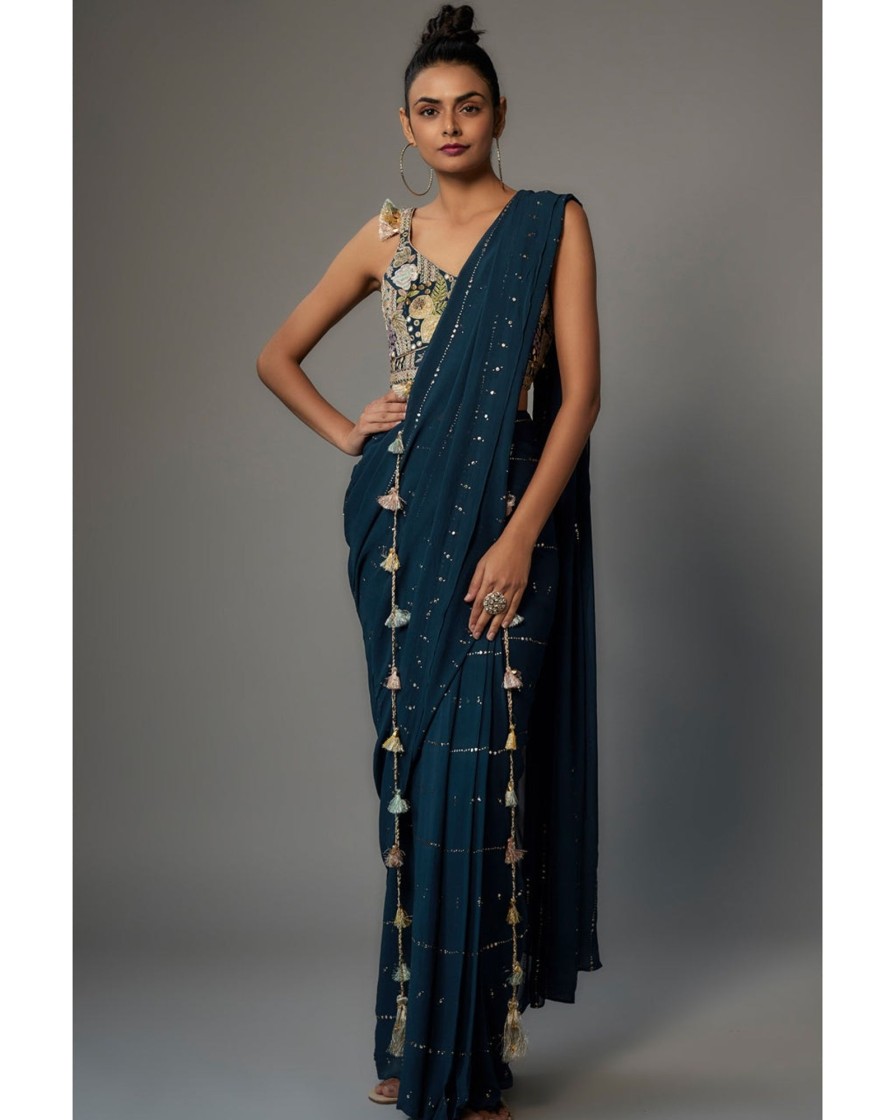 Womens Payal Singhal | Teal Blue Embroidered Choli With Pre-Stitched Sari Set