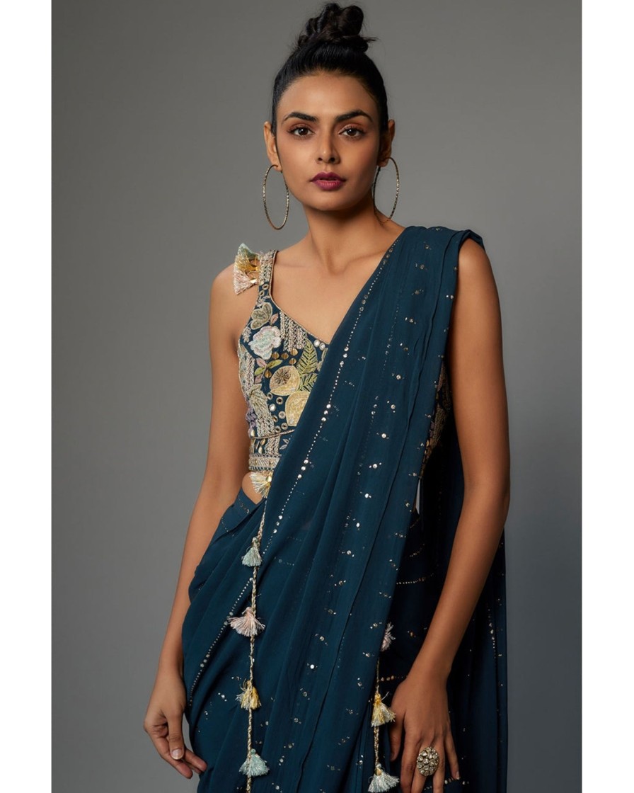 Womens Payal Singhal | Teal Blue Embroidered Choli With Pre-Stitched Sari Set